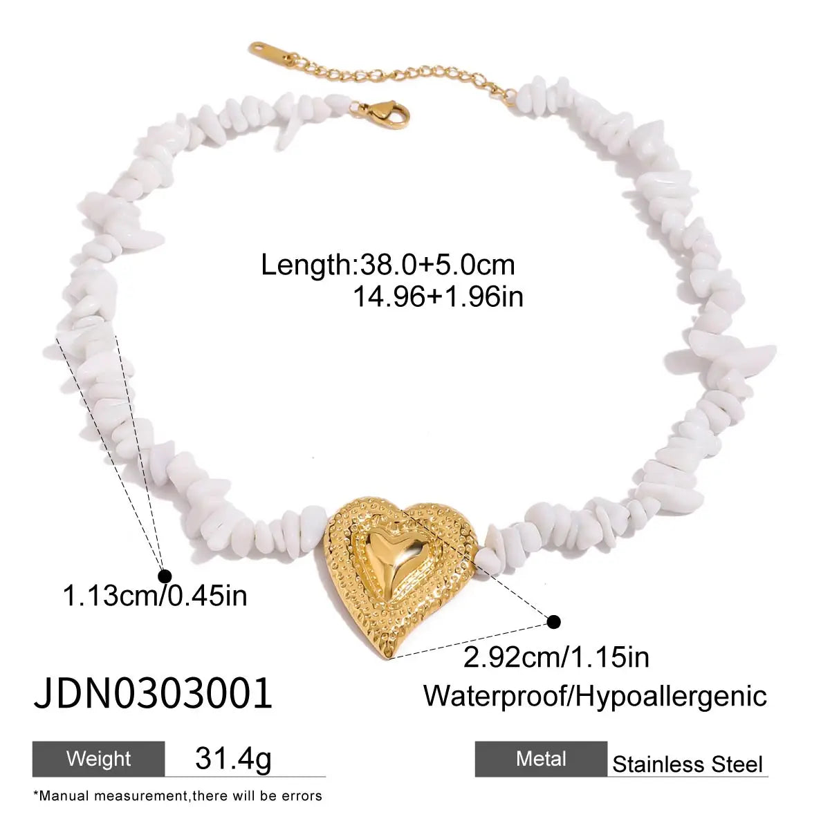 White Crushed Stone Hammer Pattern Heart Shaped Pendant Necklace Stainless Steel - JDN0303001