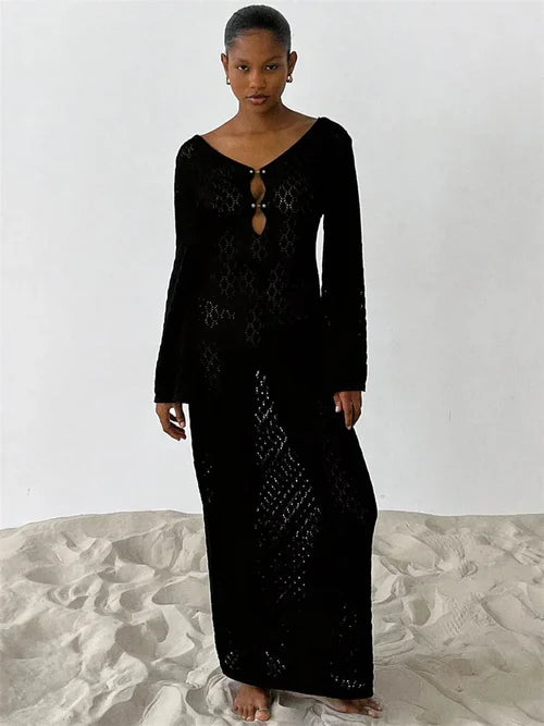 White Knit Fashion Cover up Maxi Dress Female See-Through V-Neck - M / Black - Other