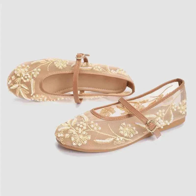 White Pearl Decoration Mesh Embroidery Ballet Flats