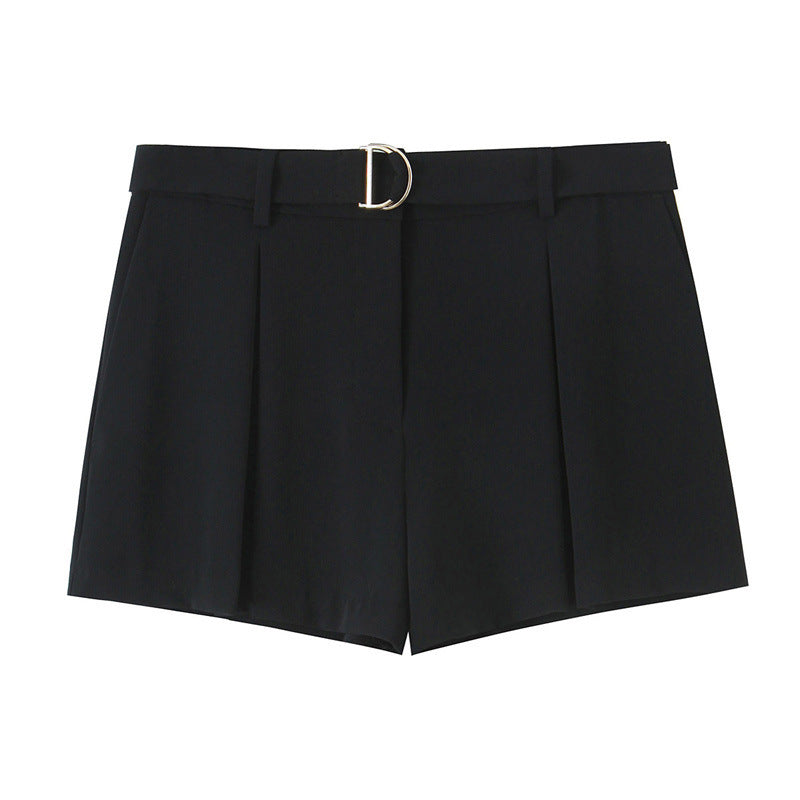 With Belt Pleated Casual Shorts - Other