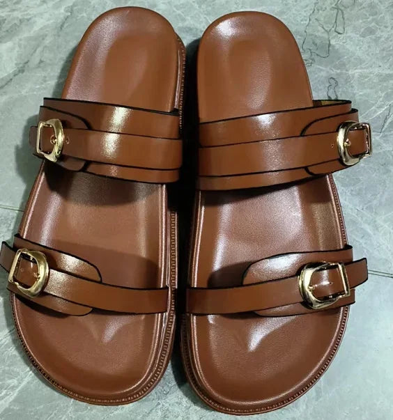 Woman Flat Slingback Shoes Female Summer Straps Round Toe - Brown / 40 / CHINA