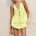 Woman Halter Neck Open Back Top Drawstring Shorts 2 Piece Set - D / M