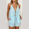 Woman Halter Neck Open Back Top Drawstring Shorts 2 Piece Set - G / M
