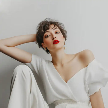 A woman with short dark hair, bold red lipstick, and gold earrings wearing a white off-the-shoulder top and matching wide-leg pants.