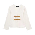 Woman Vintage White Leather Buckle Woolen Jacket Female - M / beige - Other