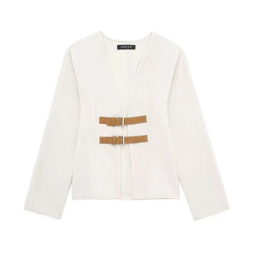 Woman Vintage White Leather Buckle Woolen Jacket Female - M / beige - Other