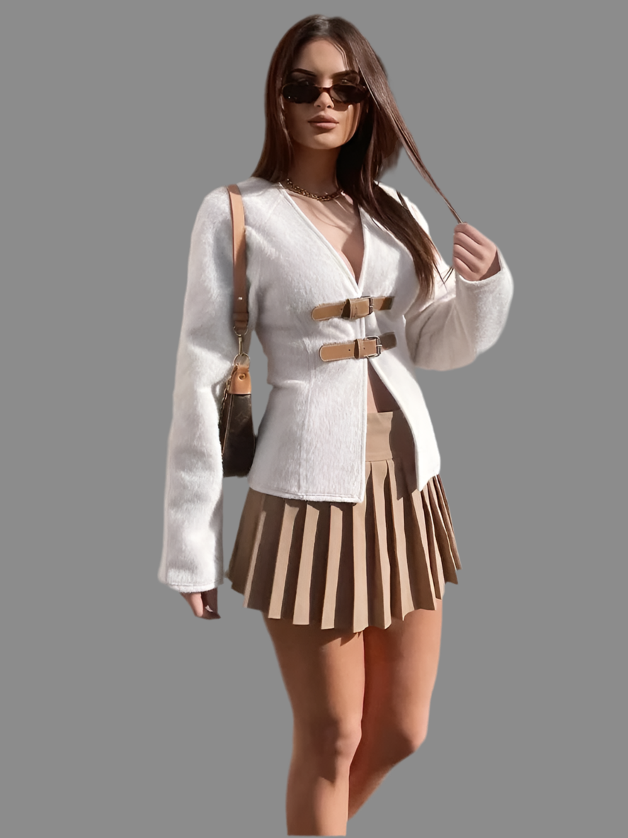 Woman Vintage White Leather Buckle Woolen Jacket Female - Other