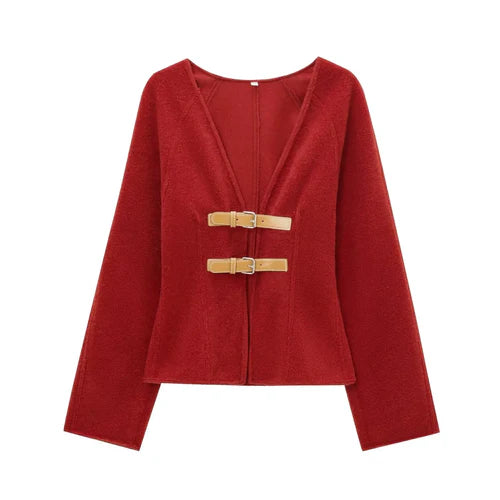 Woman Vintage White Leather Buckle Woolen Jacket Female - red / S - Other