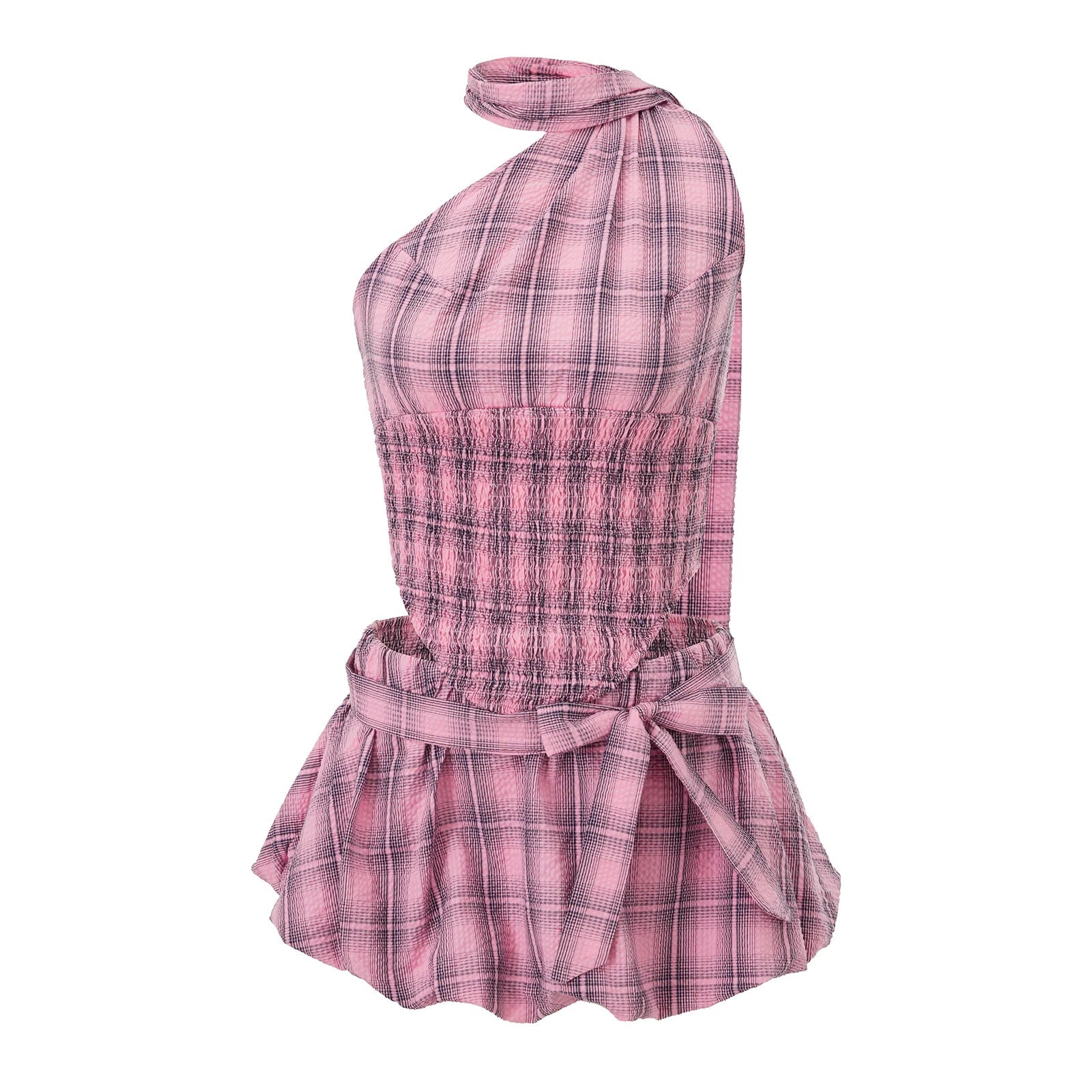 Women 2 Pieces Sets Tie-up Halterneck Backless Vest with Low Waist Bubble Skirt - Pink / M