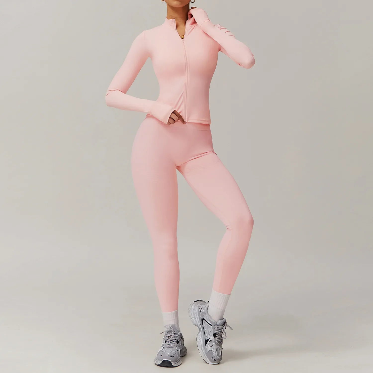 Women 2Pieces Long Sleeves Sports Shirt Suit Gym Set - Peach Pink 1 / M / CHINA