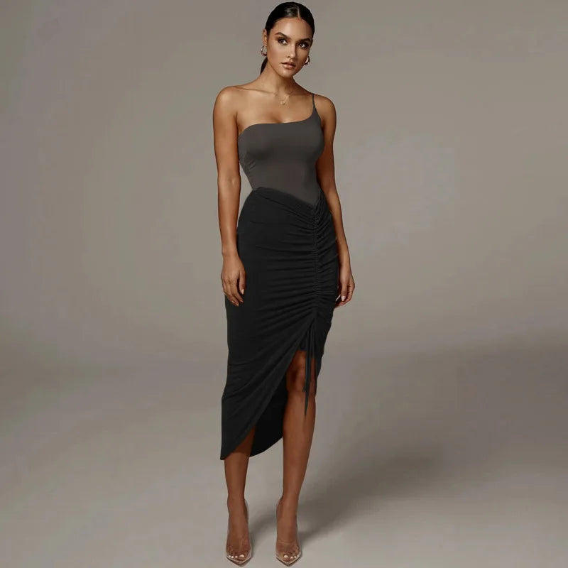 Women Asymmetrical Shirring Skirt High Waist