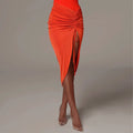 Women Asymmetrical Shirring Skirt High Waist - Orange / L