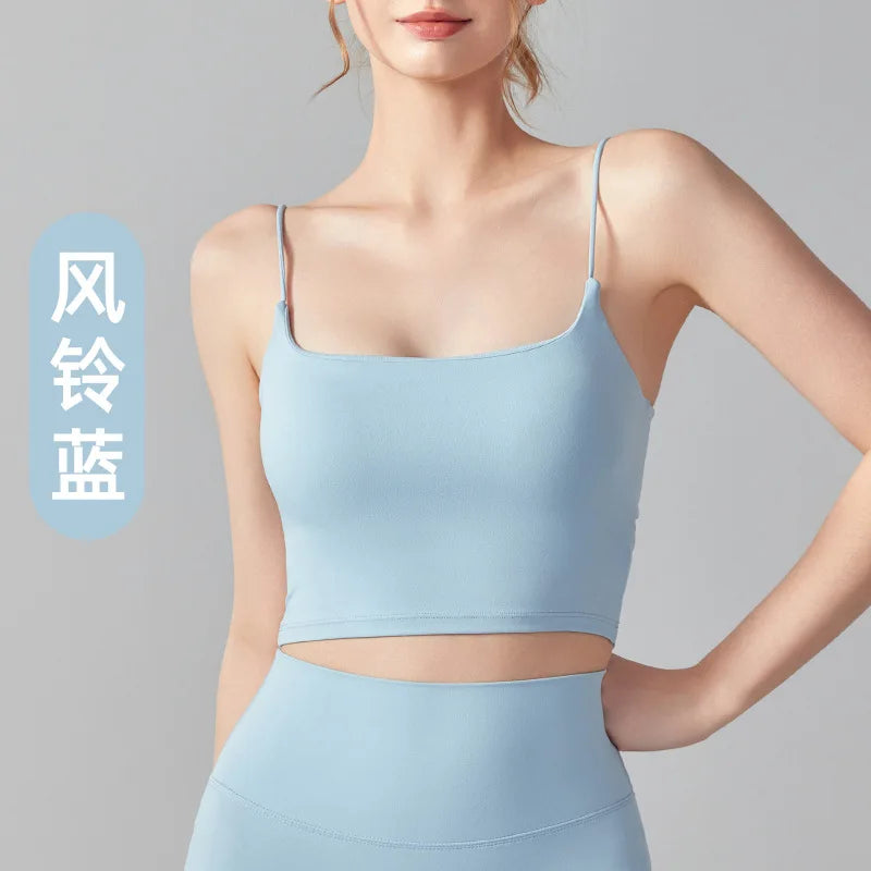 Women Back Circular Ring Fold Design Thin Shoulder Straps Tank Top - blue / M
