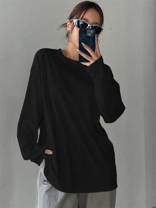 Women Basic Long Sleeve Loose O-neck T-shirt - XL / black - Other