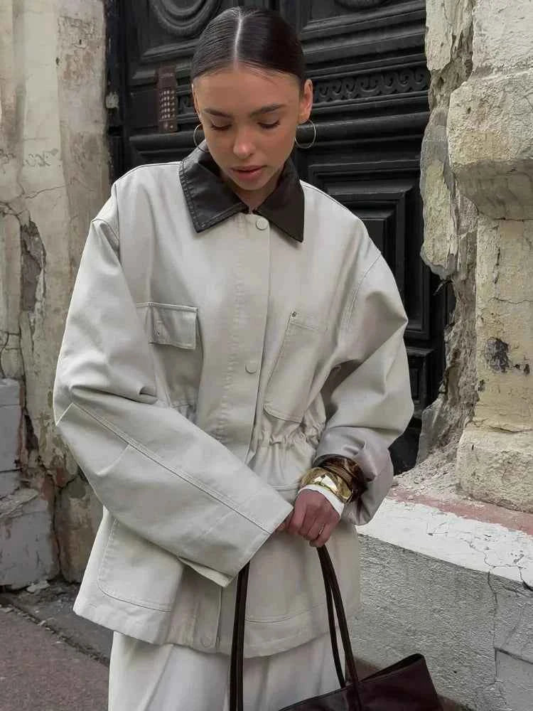 Women Beige Solid Jacket Stand Collar Button Long Loose