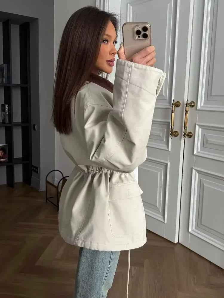 Women Beige Solid Jacket Stand Collar Button Long Loose