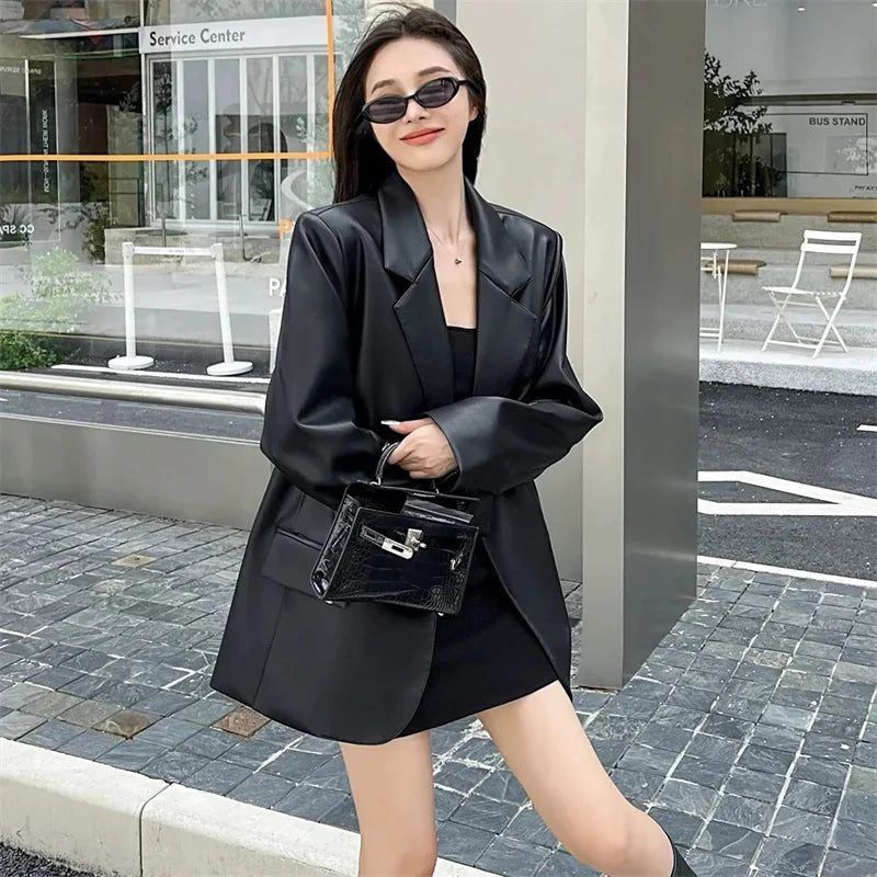 Women Black Soft PU Leather Blazer