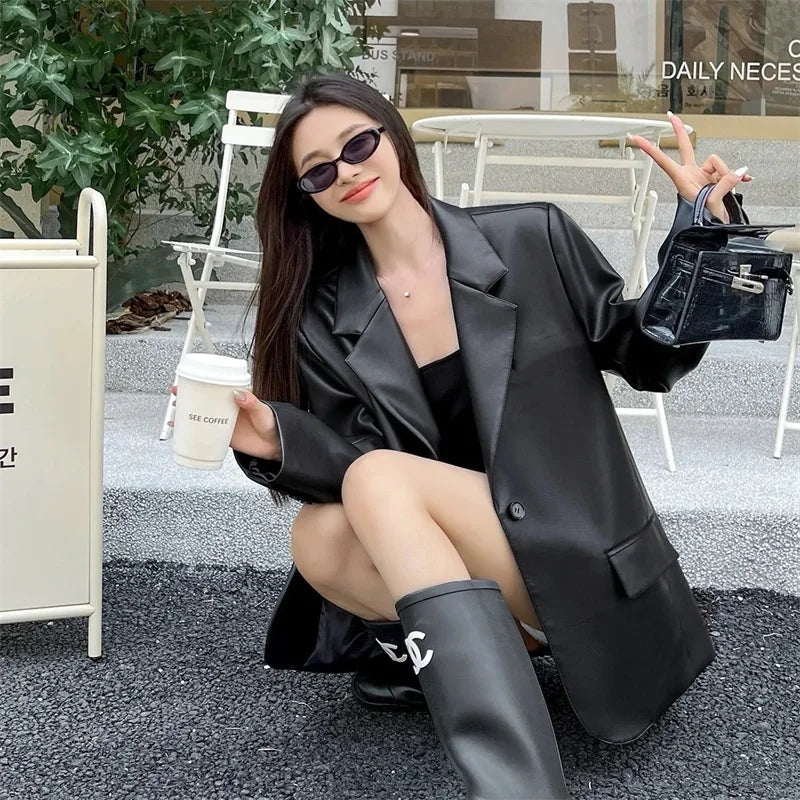 Women Black Soft PU Leather Blazer