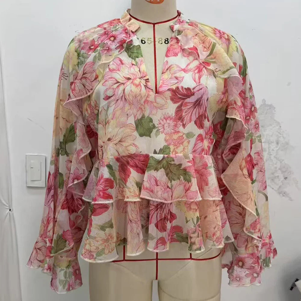 Women Blouse V-Neck Tiered Long Sleeve Loose Shirts Vintage Style