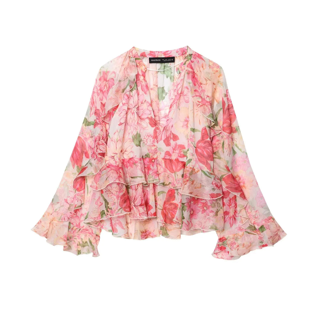 Women Blouse V-Neck Tiered Long Sleeve Loose Shirts Vintage Style - Pink / L