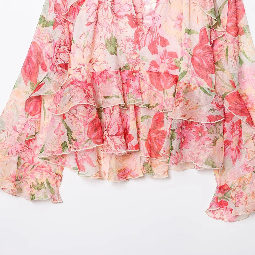 Women Blouse V-Neck Tiered Long Sleeve Loose Shirts Vintage Style