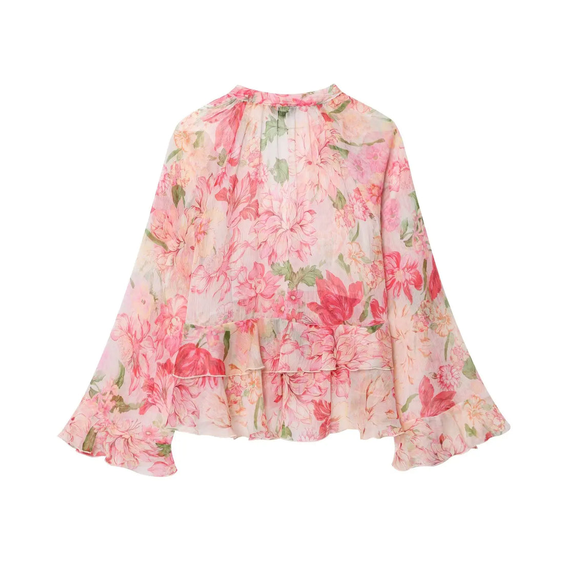 Women Blouse V-Neck Tiered Long Sleeve Loose Shirts Vintage Style - Pink / L