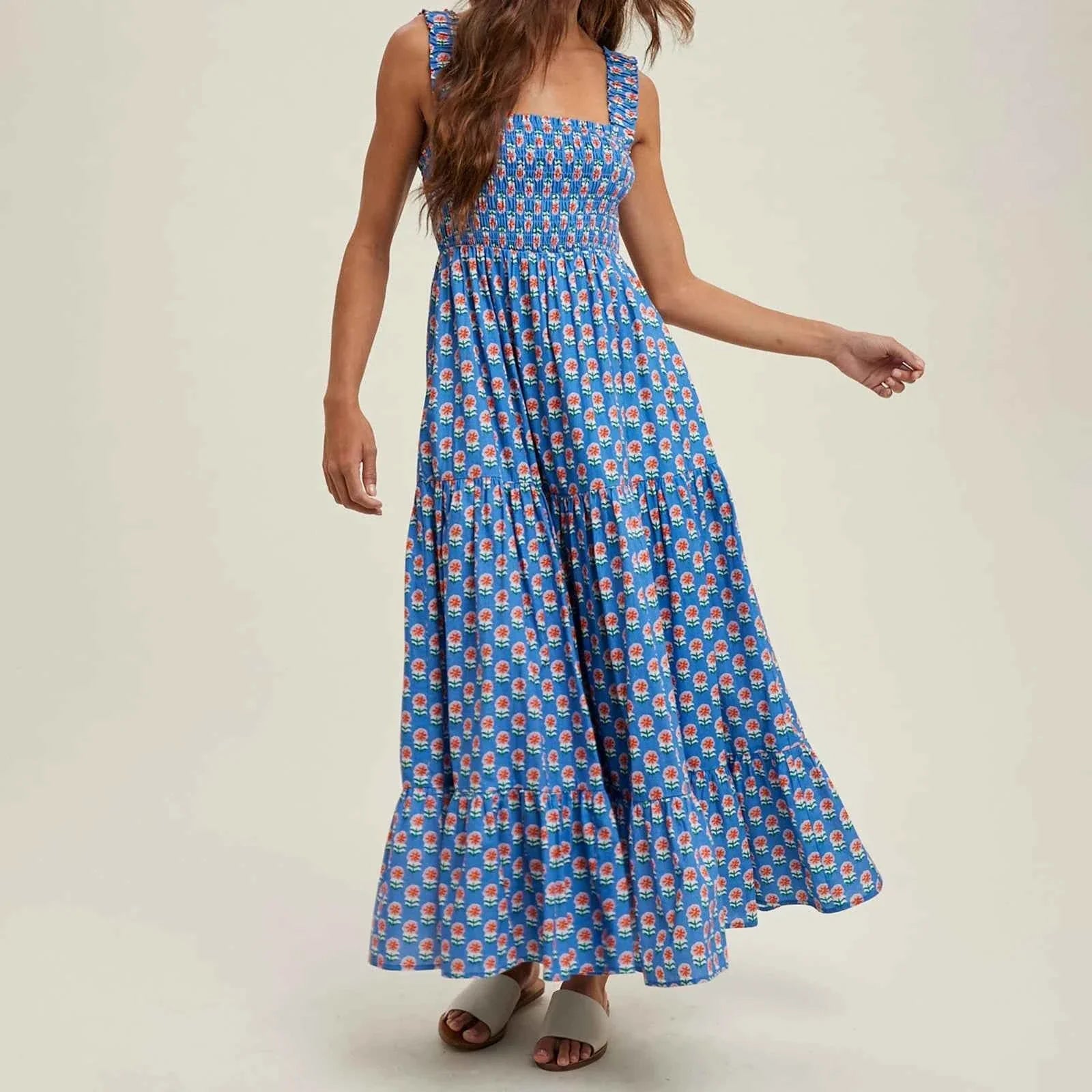 Women Bohemian Floral Print Sundress Backless