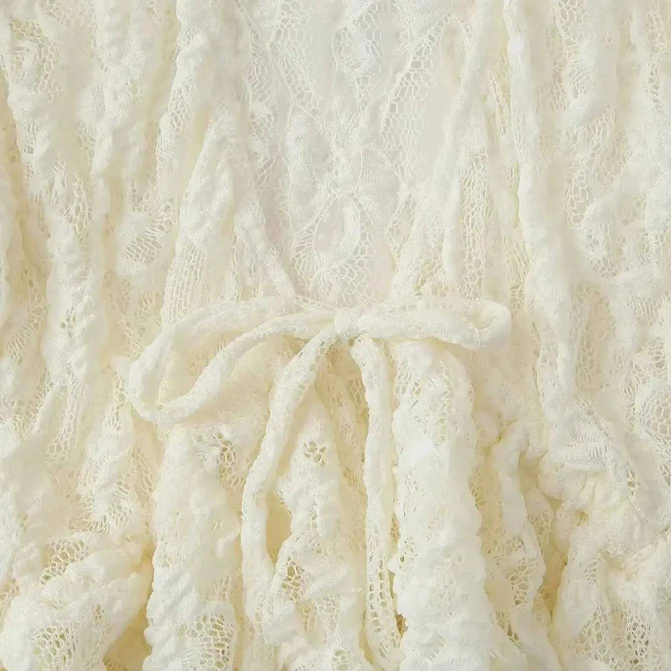 Women Bow Layered Lace Shirt Hollow V-neck