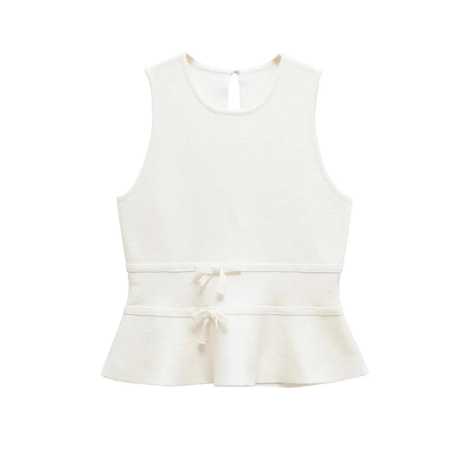 Women Bow Tie Knit Vest Slim Fit Round Neck Sleeveless Hidden Button Short Top