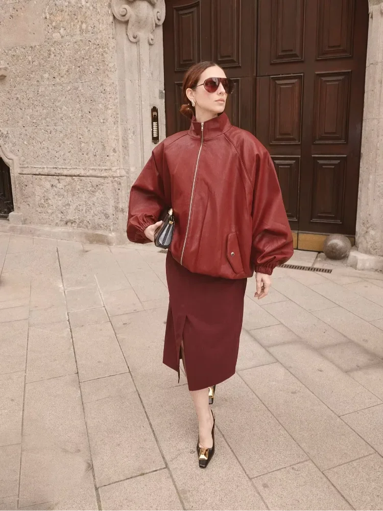 Women Burgundy Solid Leather Jacket