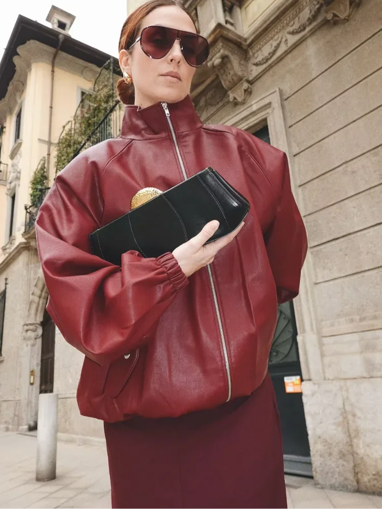 Women Burgundy Solid Leather Jacket