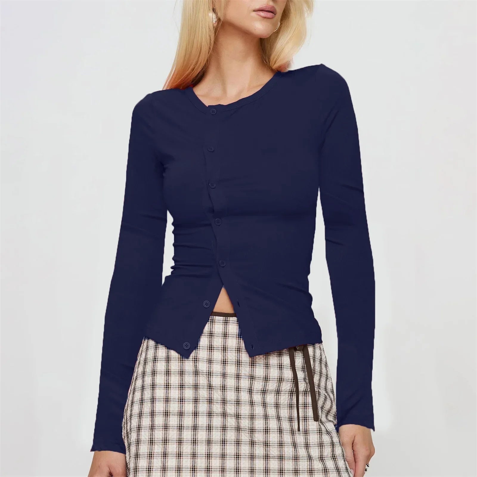 Women Button Down Crop Top Long Sleeve - D / XL