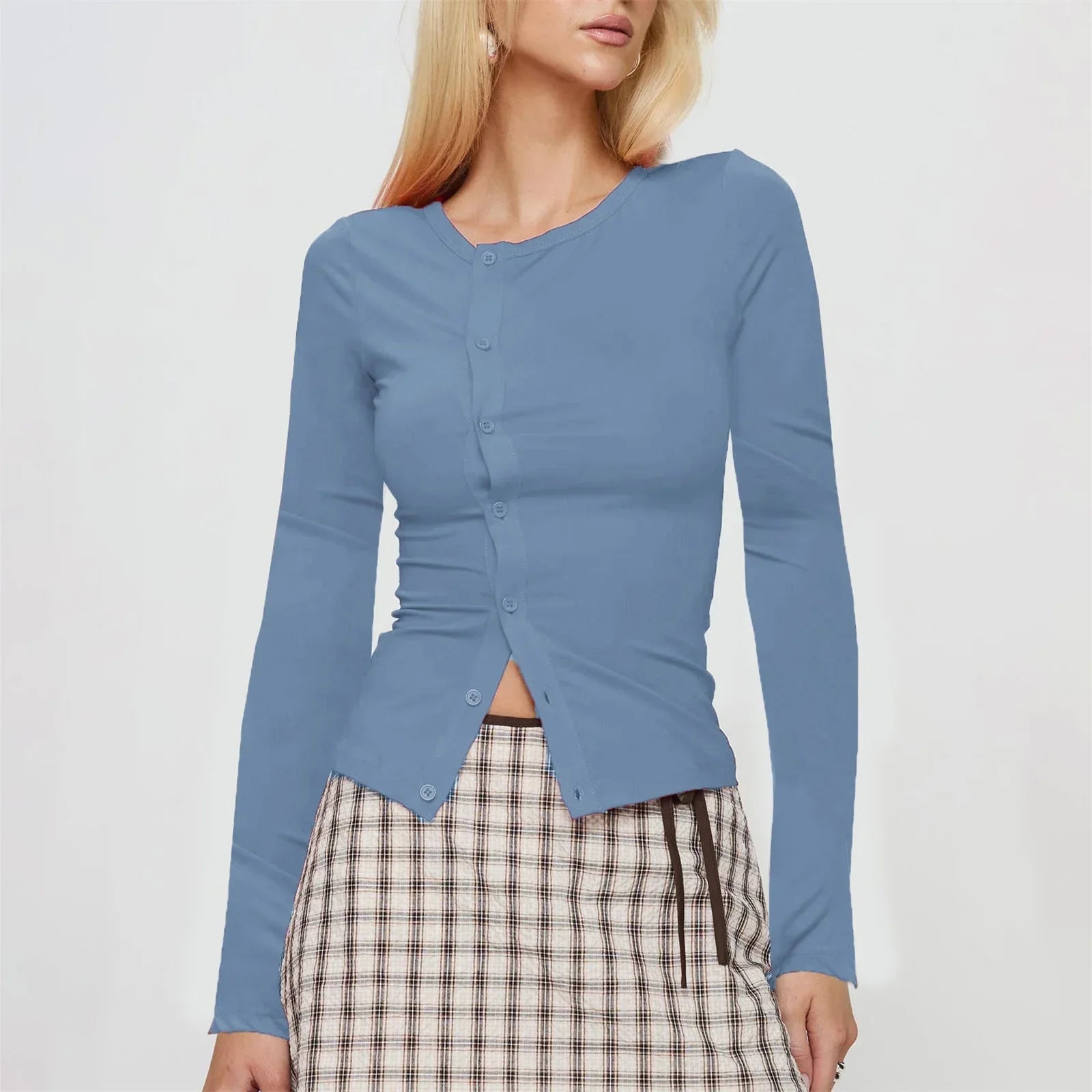 Women Button Down Crop Top Long Sleeve - E / XL