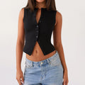 Women Button Down Tank Vest Casual - black / M