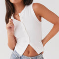 Women Button Down Tank Vest Casual - WHITE / M