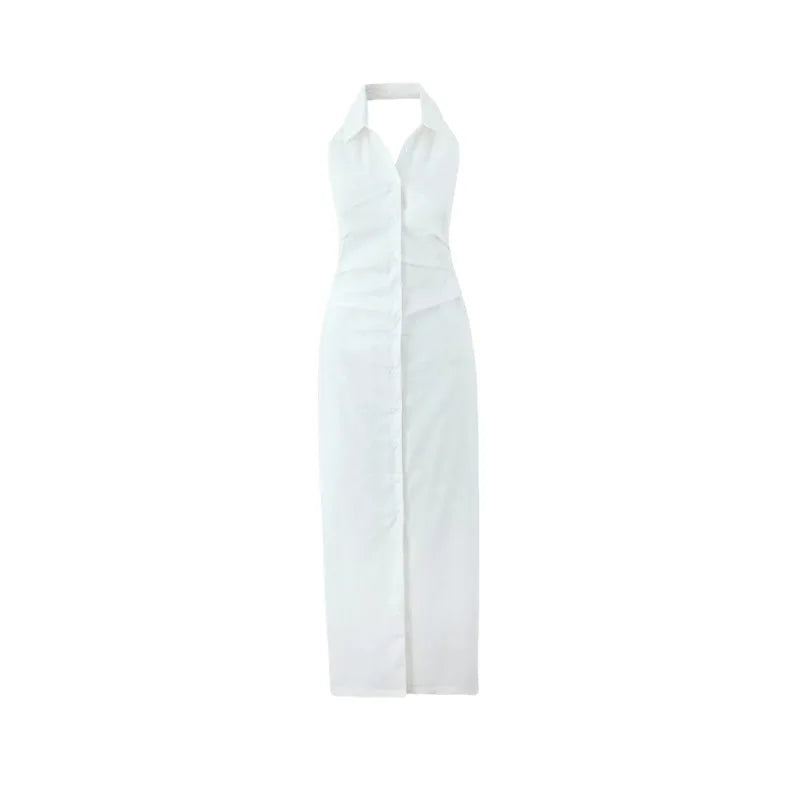 Women Button Up White Sleeveless Maxi Dress - L
