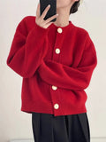 Women Cardigans Sweater O-neck Knitted Loose - Red / One Size