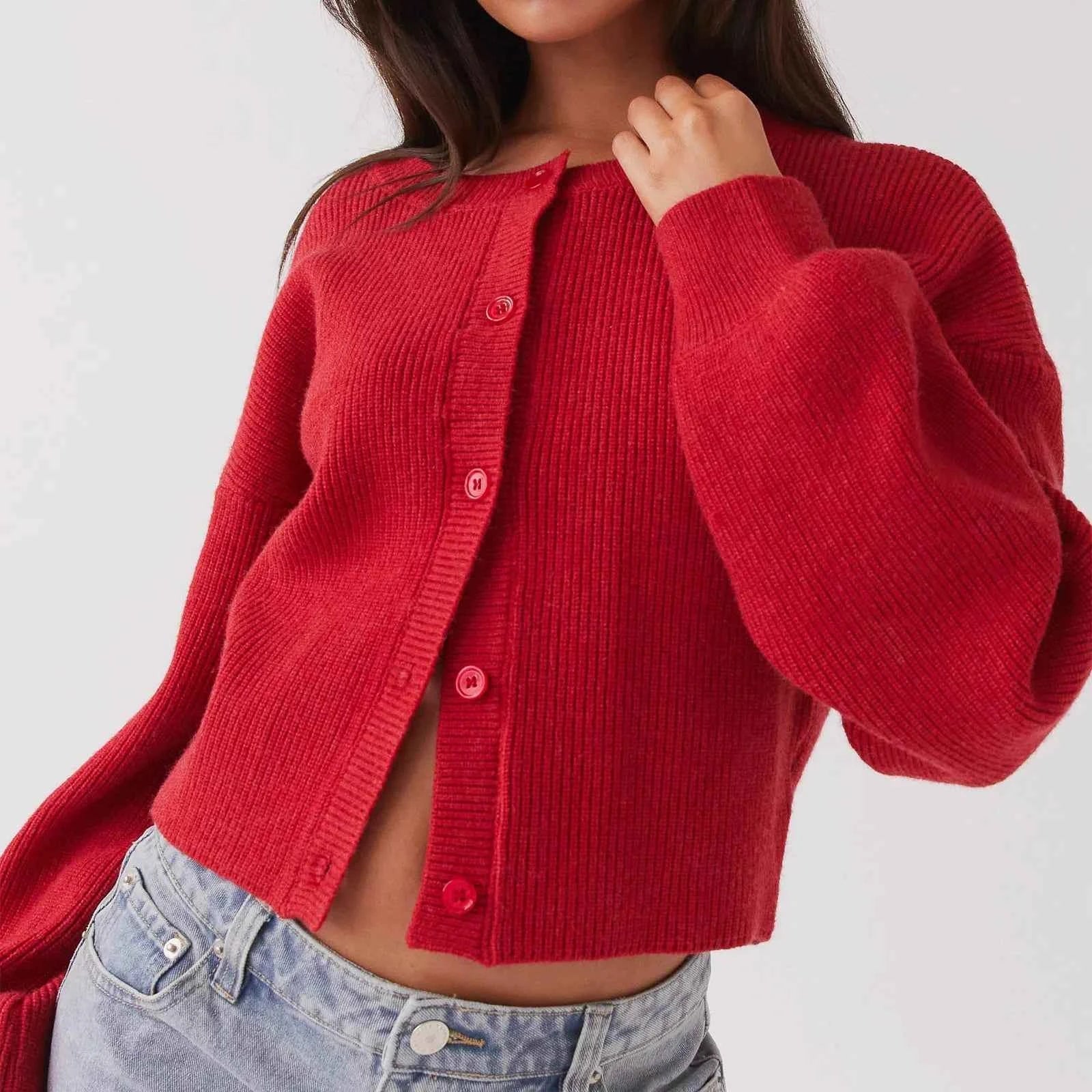 Women Casual Loose O-neck Single Breasted Long Sleeve Sweaters
