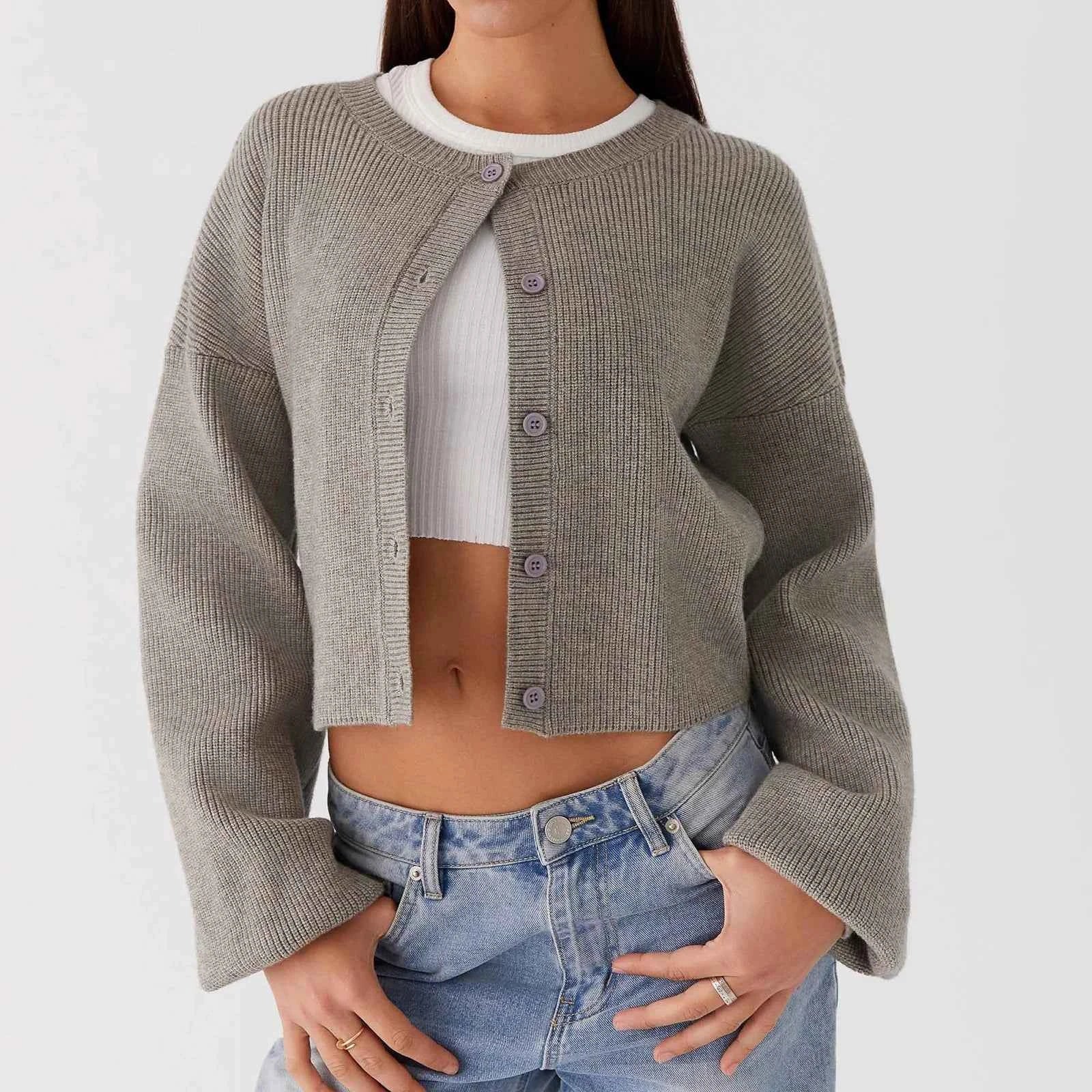 Women Casual Loose O-neck Single Breasted Long Sleeve Sweaters