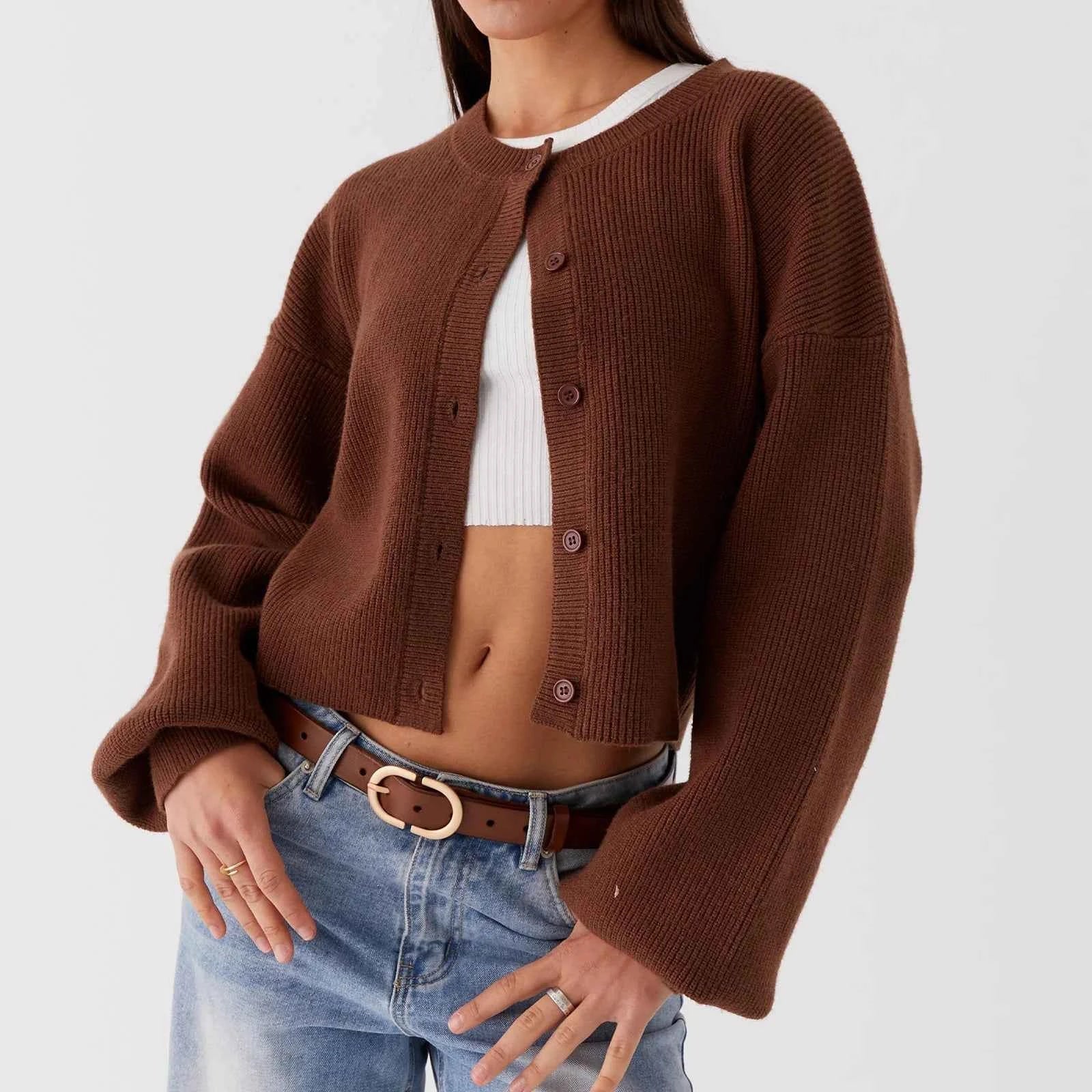 Women Casual Loose O-neck Single Breasted Long Sleeve Sweaters