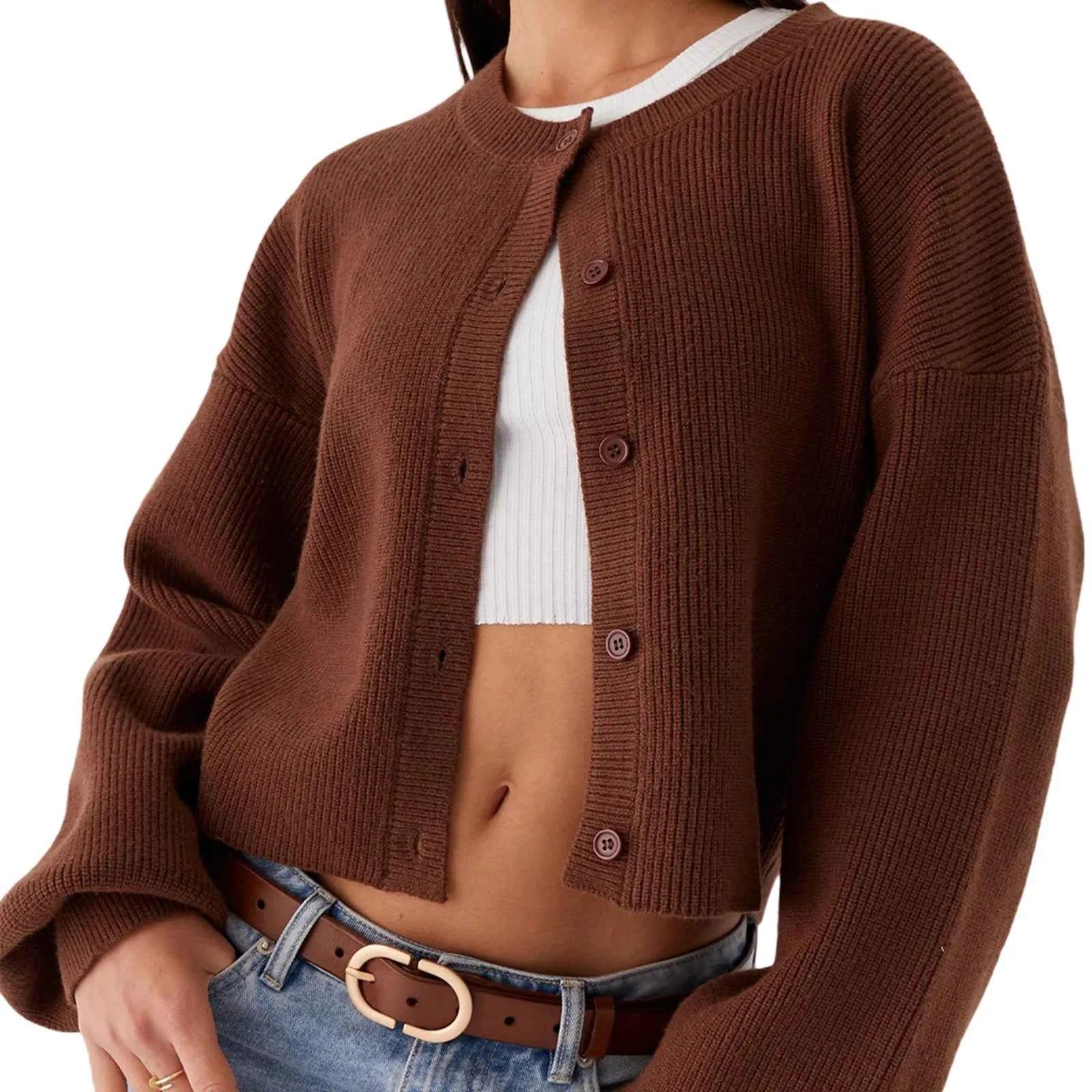 Women Casual Loose O-neck Single Breasted Long Sleeve Sweaters