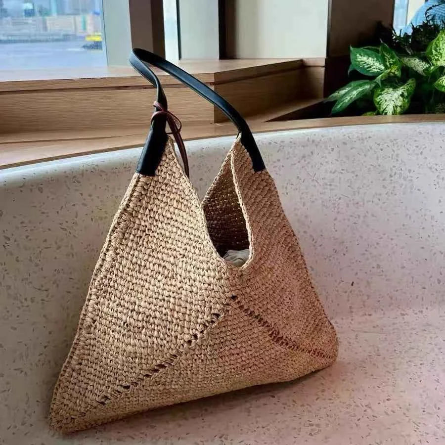 Women Casual Travel Handbag PU Leather Simple Straw Bag