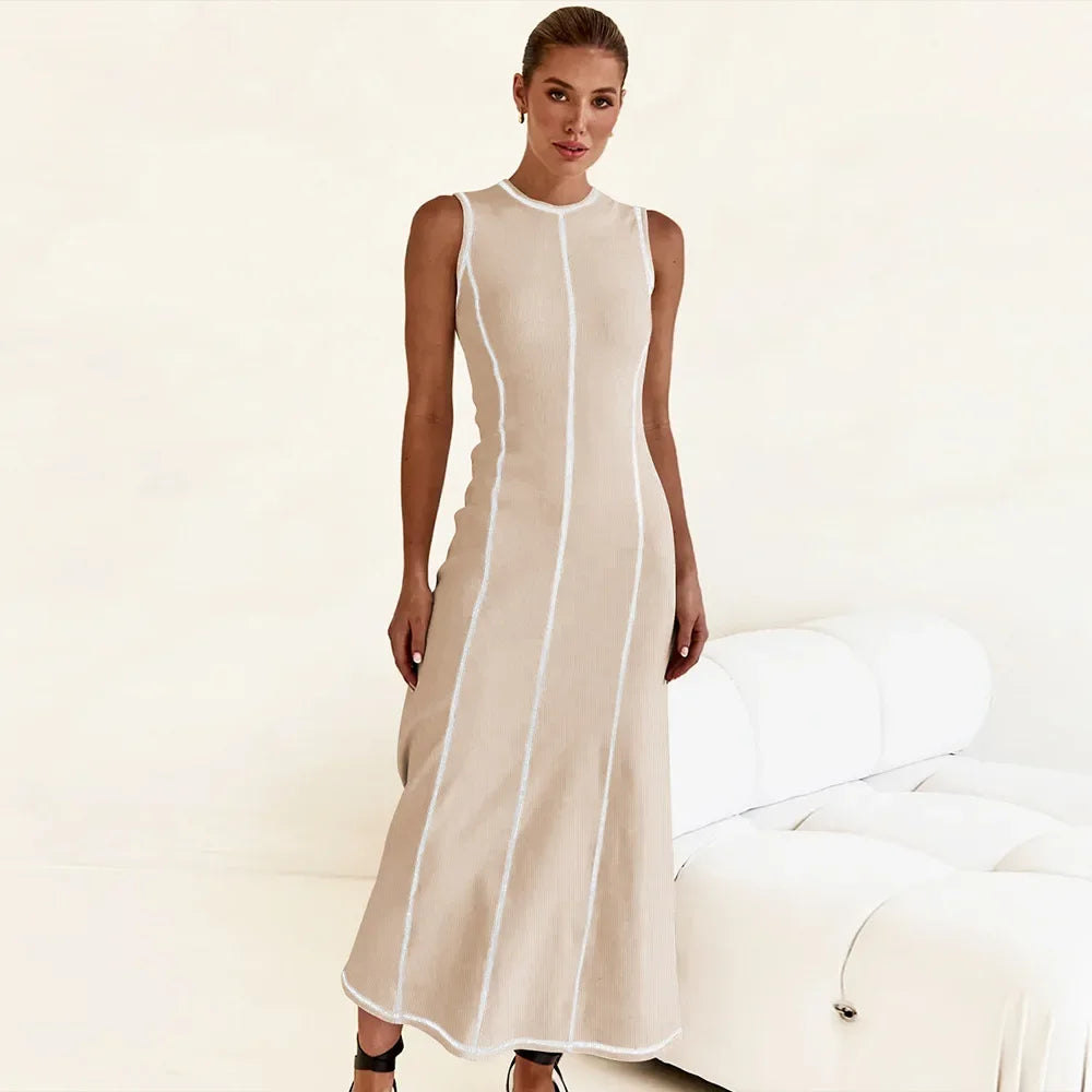 Women Clothing Knitted Long Skirt Simple Round Neck Sleeveless Female Vestidos - Apricot / M