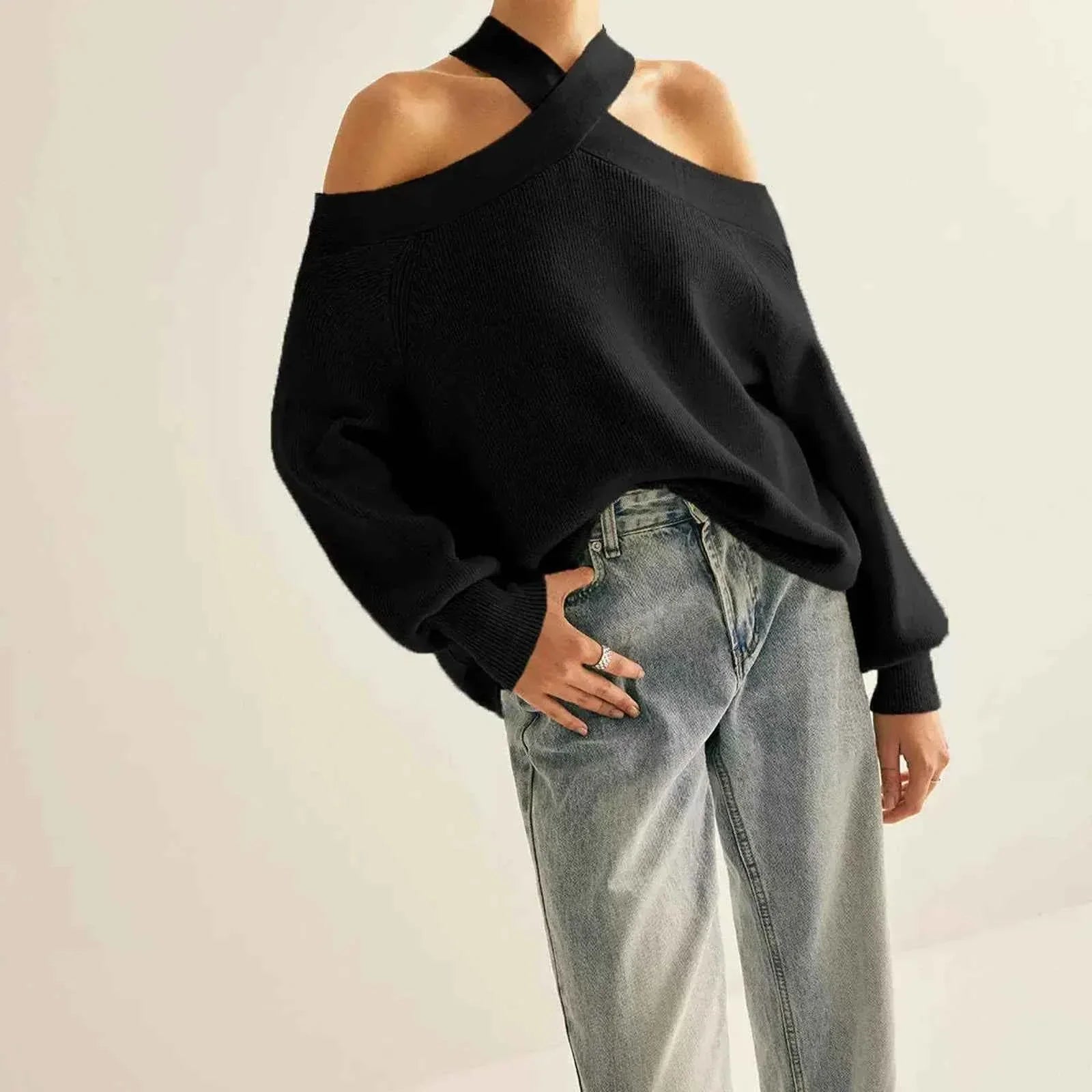 Women Cold Shoulder Loose Fit Sweater