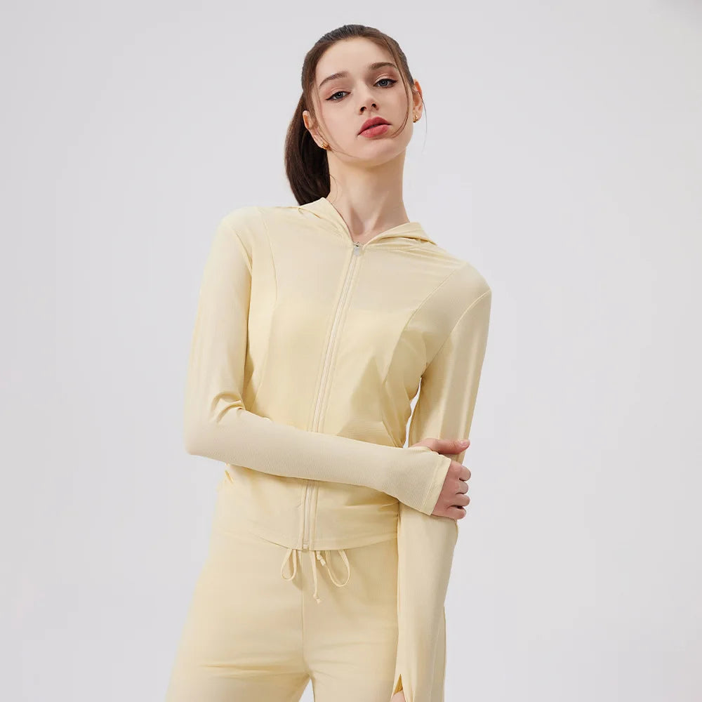Women Cool Feeling Long Sleeve Fitness Workout Hooded Top - yellow / S