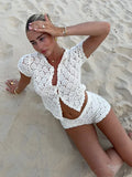 Women Crochet Hollow Out Top Shorts Set Fashion Round Neck Cardigan - Other