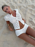 Women Crochet Hollow Out Top Shorts Set Fashion Round Neck Cardigan - Other