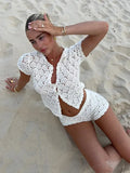 Women Crochet Hollow Out Top Shorts Set Fashion Round Neck Cardigan - L / White - Other