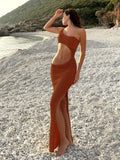 Women Crochet Knit Maxi Dress - Brown / L