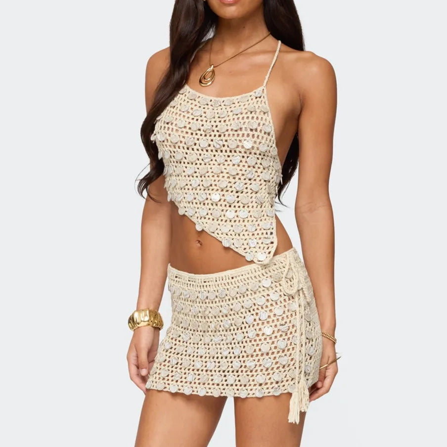 Women Crochet Mini Skirt Set - XL